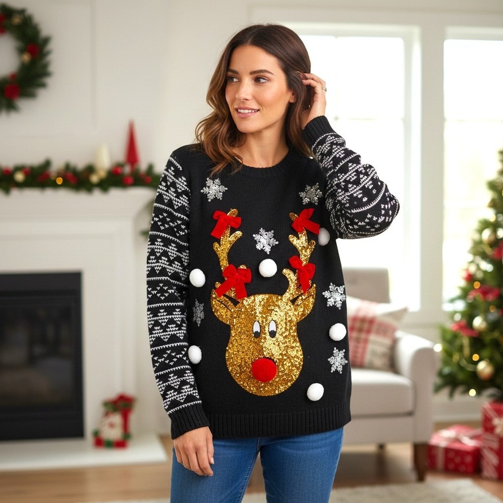 Holiday Time Womens Sweater Sz 14 Black Gold Sparkle Reindeer Christmas Holiday